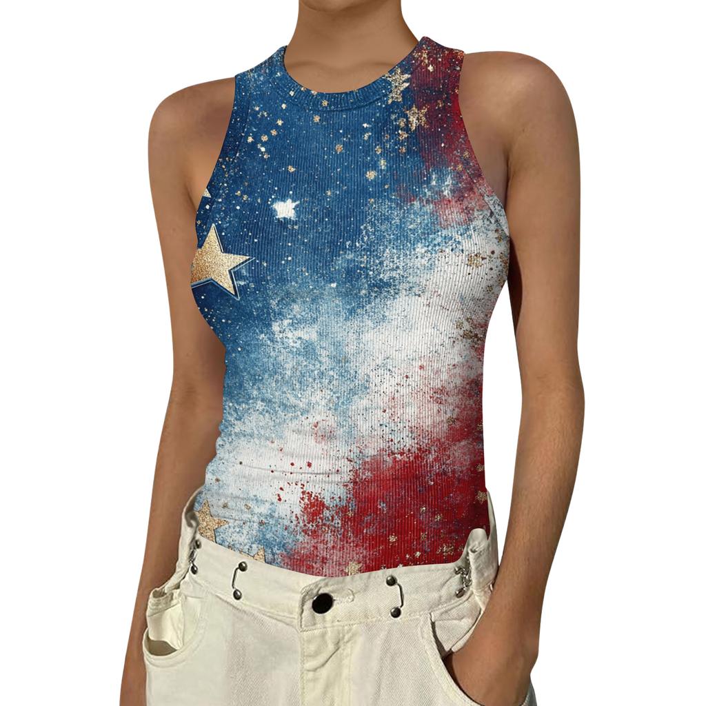 Women's Fashion Round Neck Independence Day Print Sleeveless Vest Top