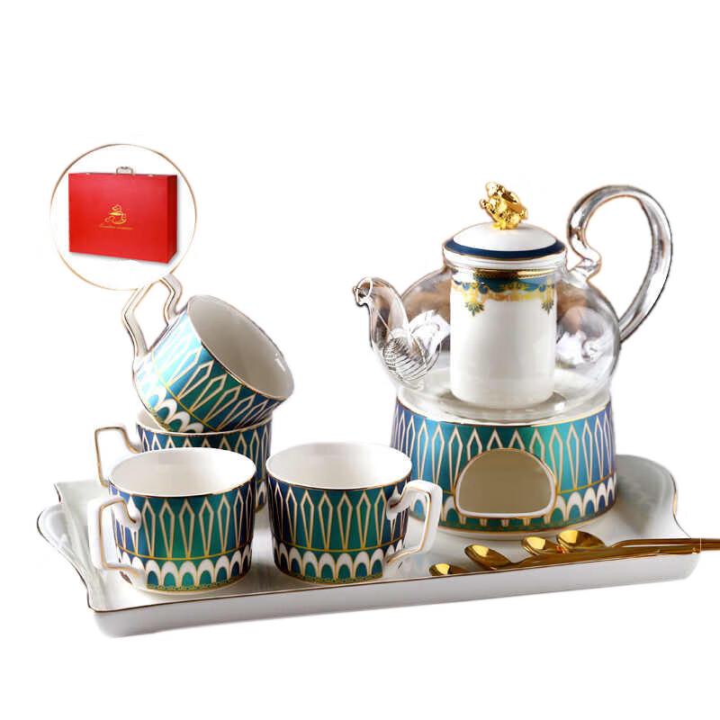 Homeglen Pearly Green Gold Rim Ceramic Tea Set with Warmer