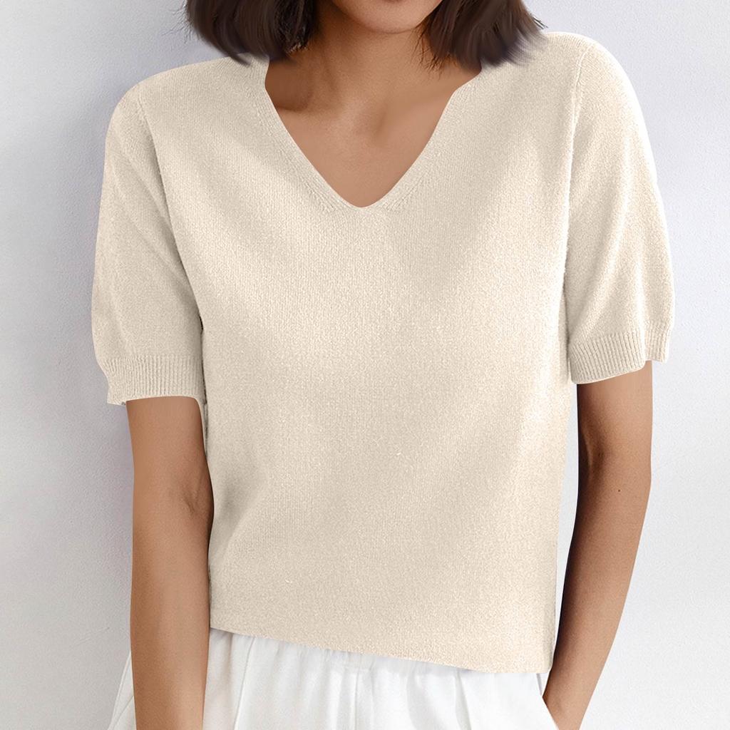 Women's Sweater T-Shirt Short Sleeve Knitted Tops Pullover V-Neck Sweater Lightweight Casual Color Sweater Elegant Spring Summer Tops