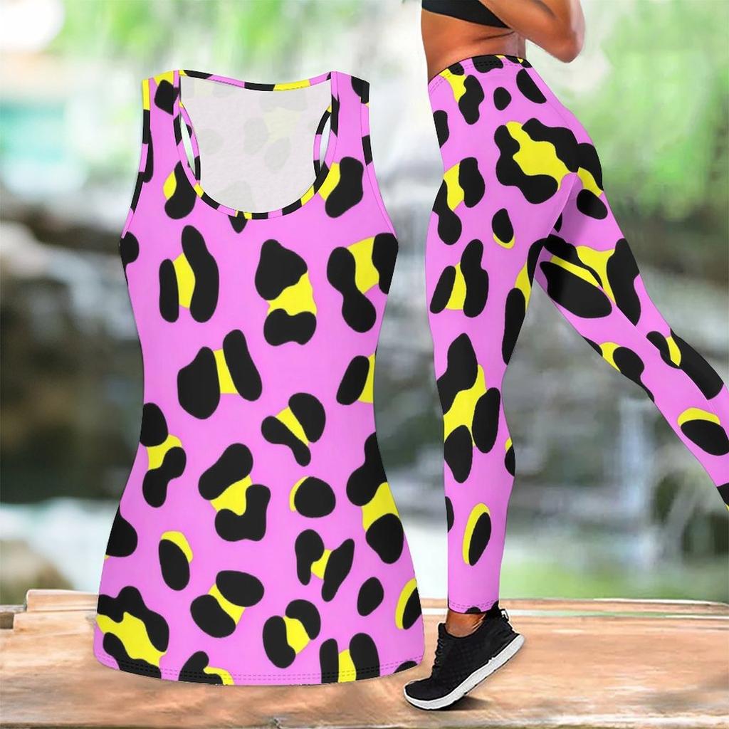 Completo yoga con stampa leopardata per donna, leggings da allenamento alla moda, set sportivo casual per fitness e yoga, tuta sportiva