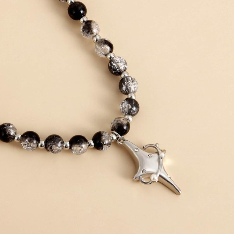 2023 Trend Crossed Star Necklace for Women Vintage Beaded Chain Alloy Necklace Pendants Fashion Aesthetic Y2k Jewelry