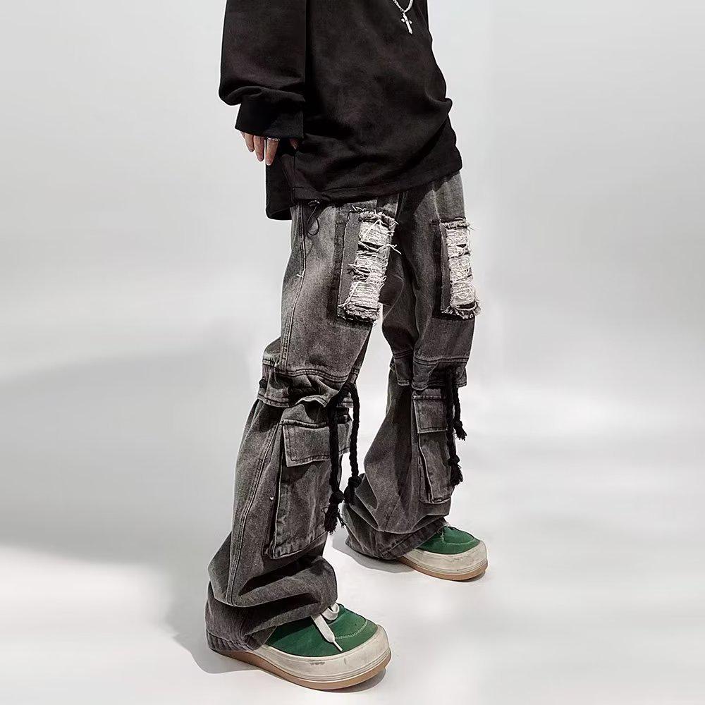 

Поношенные джинсы прямого кроя на шнуровке в рабочем стиле для мужчин Medium чёрный