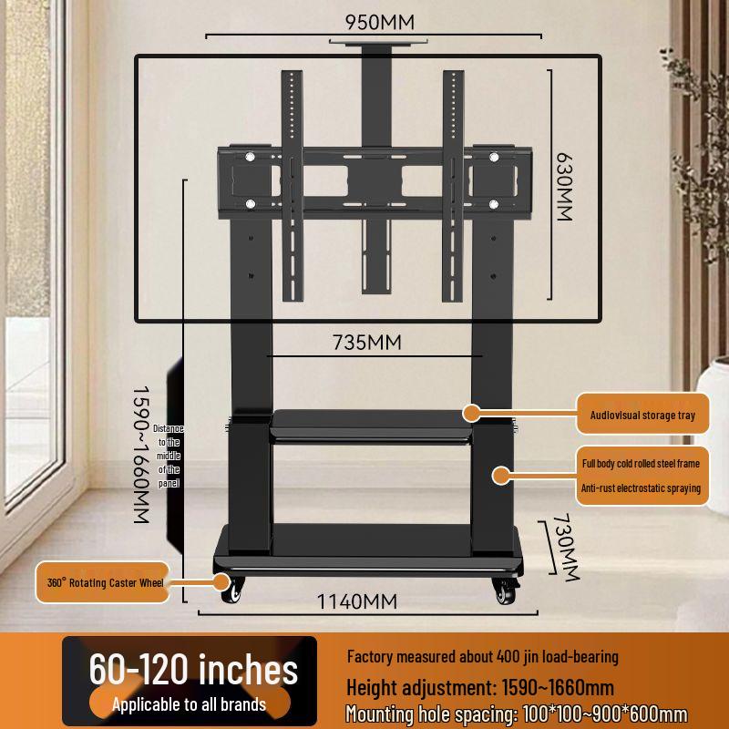 Mobile TV Stand with Wheels - Vertical and Universal Floor Bracket