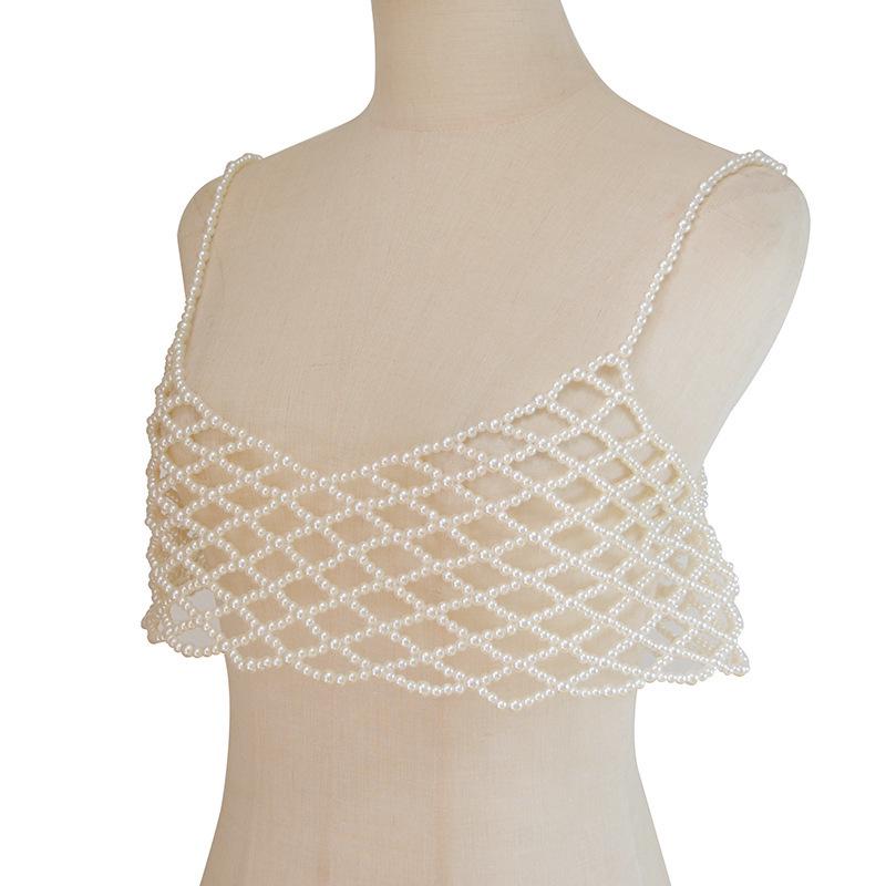 Korean V-Neck Beaded Pearl Camisole with Chest Chain for Women