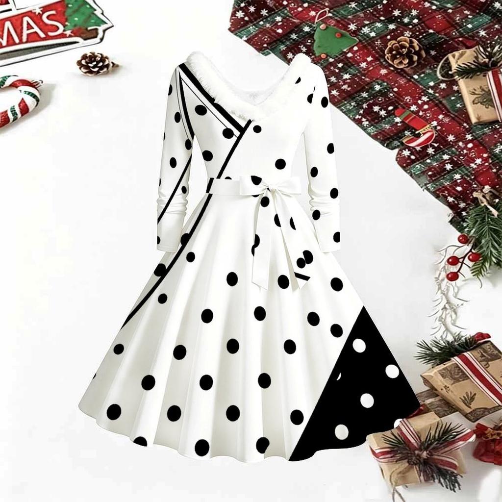 Women Geometric Pattern Print Midi Dress, Long Sleeve V‑Neck Furry Trim A‑Line Party Dress, Christmas Limited Edition
