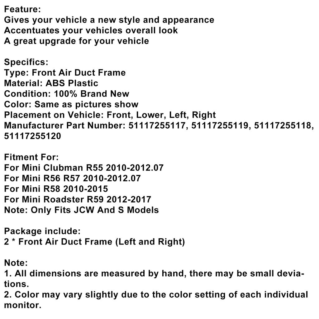 Gloss Black Front Air Duct Frame 51117255117 Fit Mini R55 R56 R57 R58 R59 JCW S