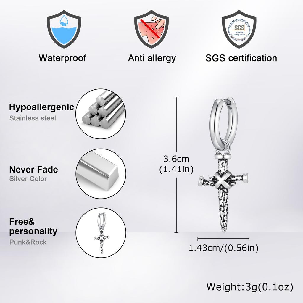 Nails Cross Hoop Earring for Men Boys,Waterproof Stainless Steel Huggies Earring,Gothic Rock Punk Jewelry Gifts