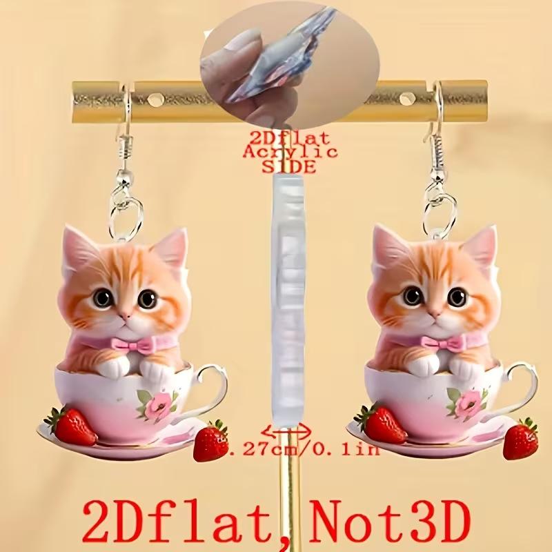 New teacup strawberry cat earrings 2D flat acrylic creative cartoon animal pink bow cat earrings