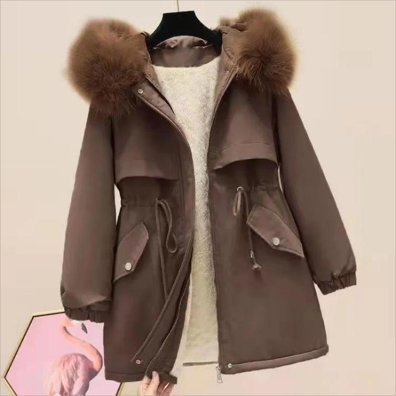 

Нове зимове пальто Жіноча товста тепла бавовняна підкладка Куртка з капюшоном Вільні парки Пуховик Хутряна підкладка Верхній одяг без принтів Жіночий 4XL коричневий