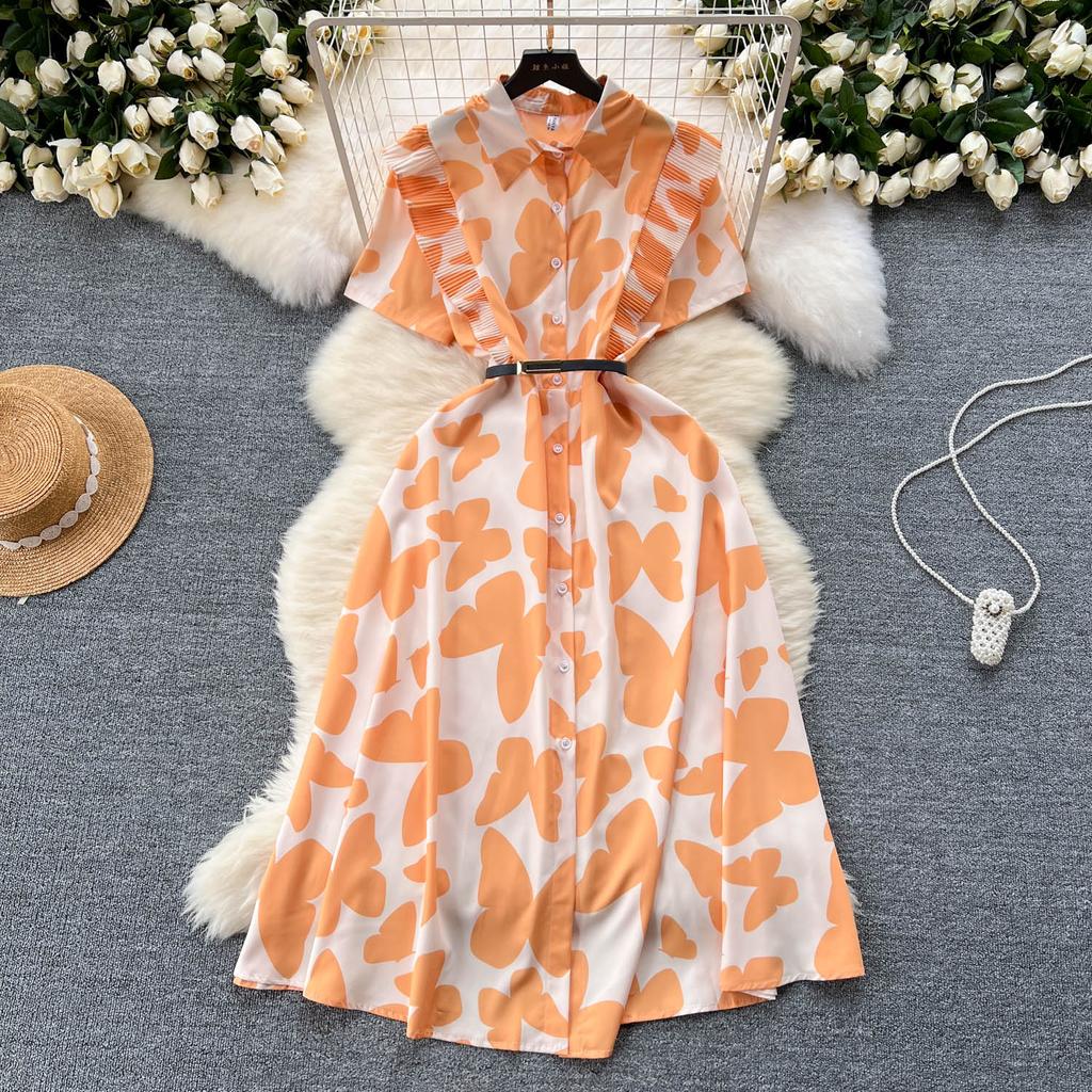 Šik Elegantní Potisk Jedlá Stromová Houba Krátký Rukáv Elegantní Zavinovací Límec Bodycon Šaty Módní Štíhlé Letní Šaty