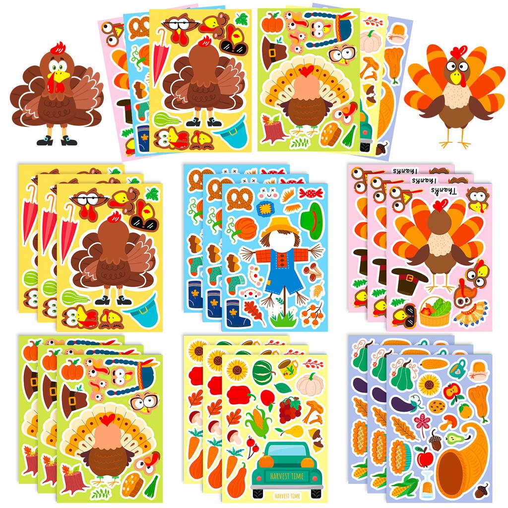 6 Photos/pack of Turkey Thanksgiving Puzzle Face Change Sticker New Product Cartoon Turkey Puzzle DIY