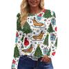Women's Christmas Print Long Sleeve Top with Round Neck and Side Slit