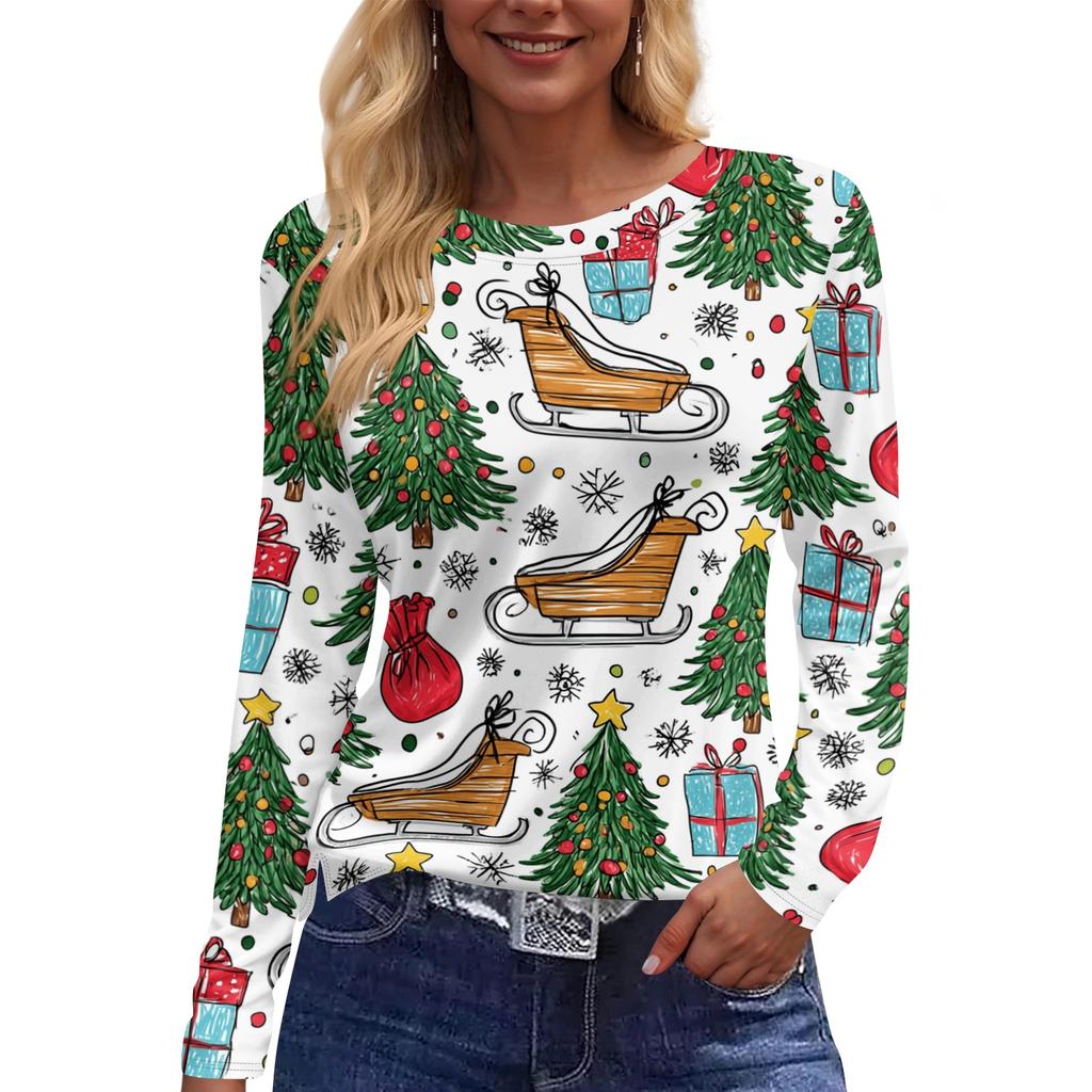 Women's Christmas Print Long Sleeve Top with Round Neck and Side Slit