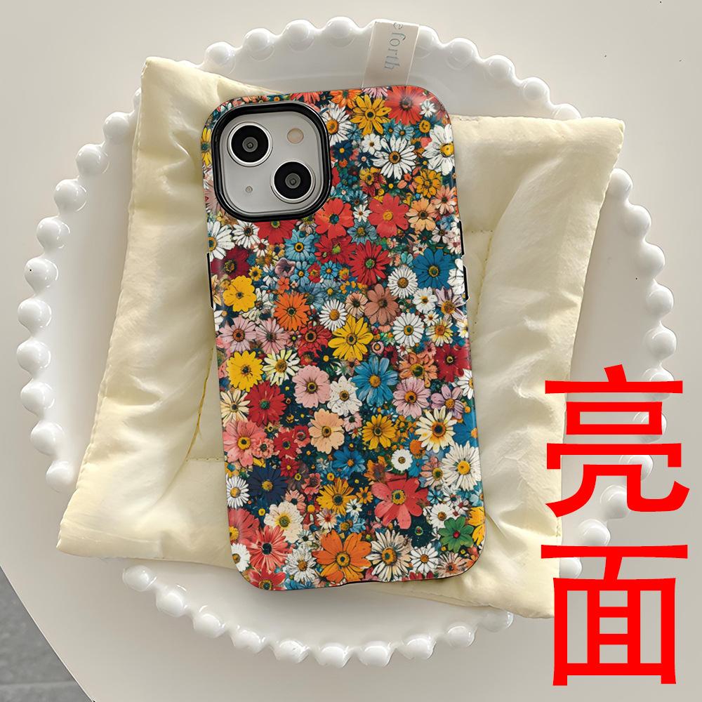 Retro oil painting flower mobile phone case iPhone16 anti-drop two-in-one film Apple mobile phone case 17promax