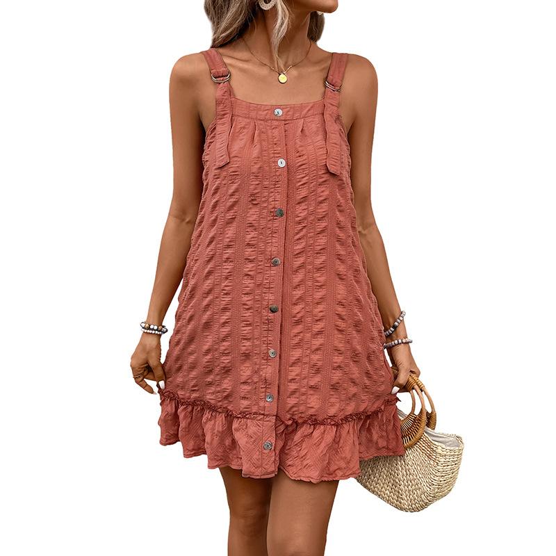 New Suspender Skirt Solid Color Texture Pleated Ruffle Edge Dress