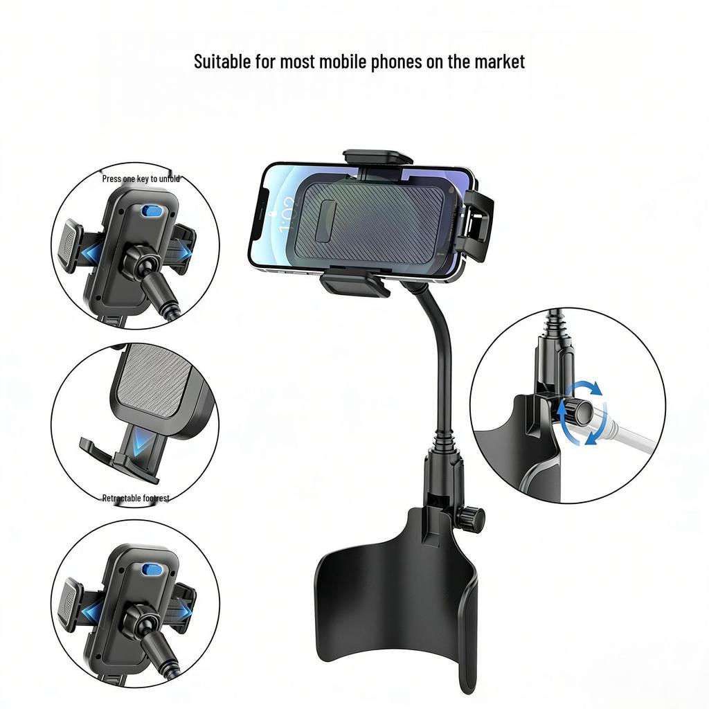 Multi-Functional Car Cup & Phone Holder with Adjustable 360° Rotation