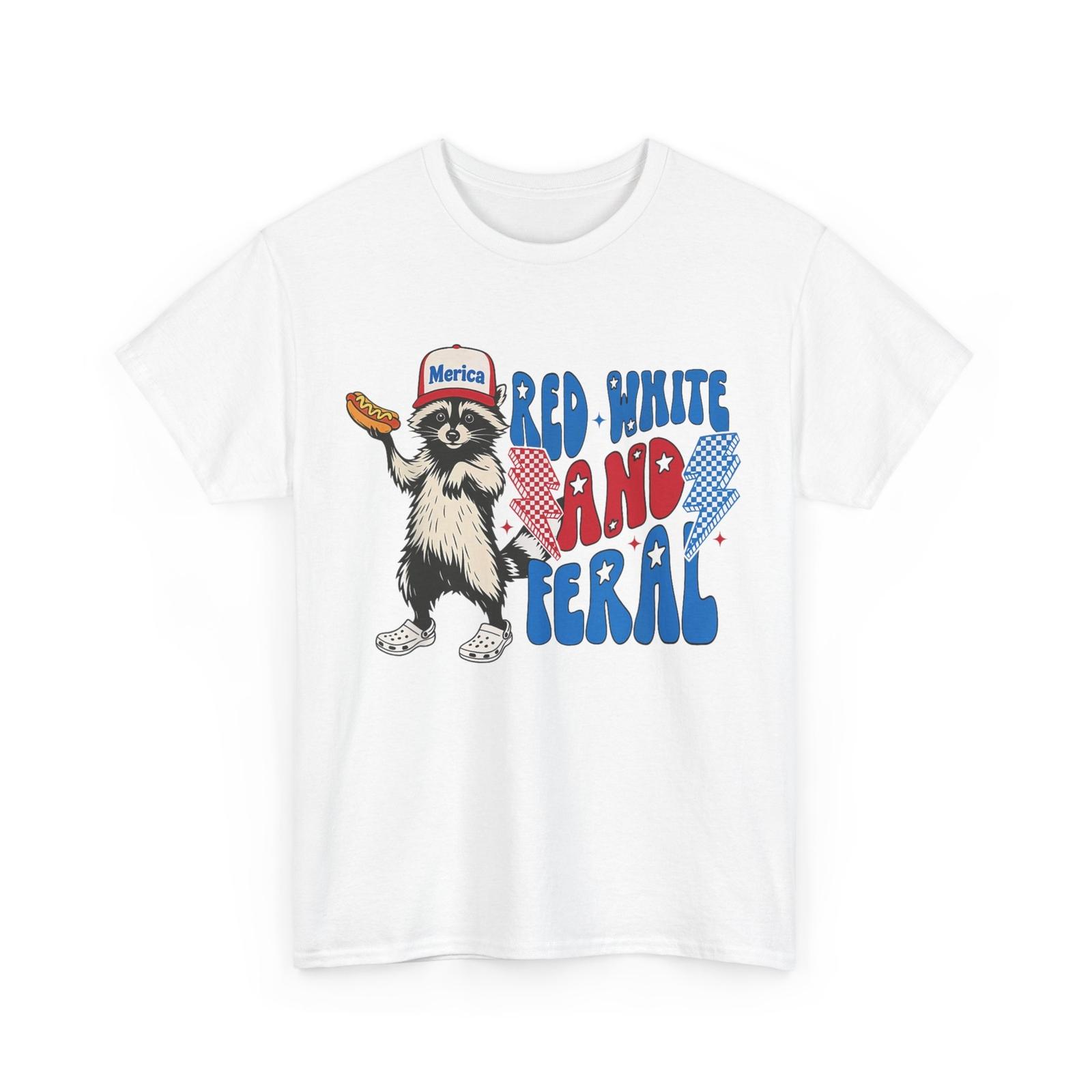 4th of July Raccoon Funny T-Shirt, Red White And Feral Patriotic T-Shirt L