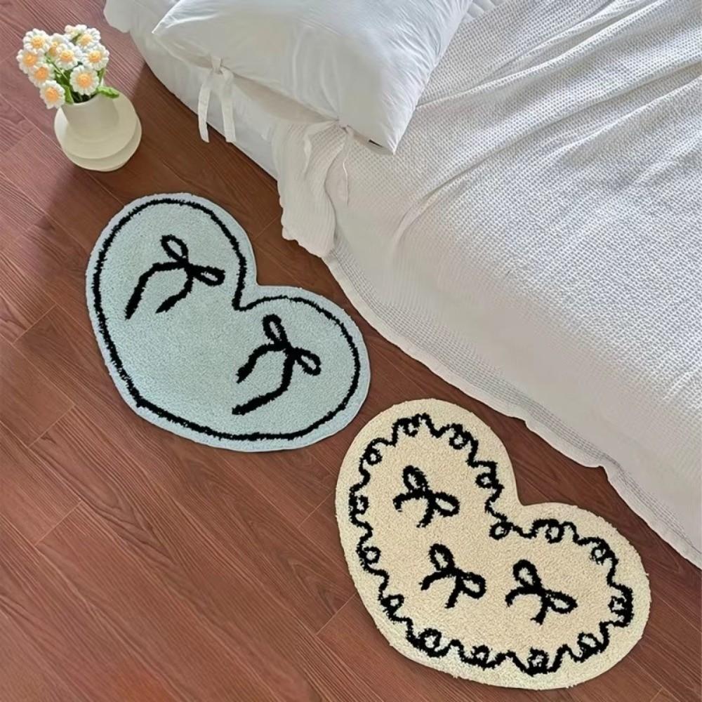 Cute Heart-shaped Flocked Floor Mat Thickened Absorbent Bow Heart Rug Anti-slip Soft Decorative Carpet