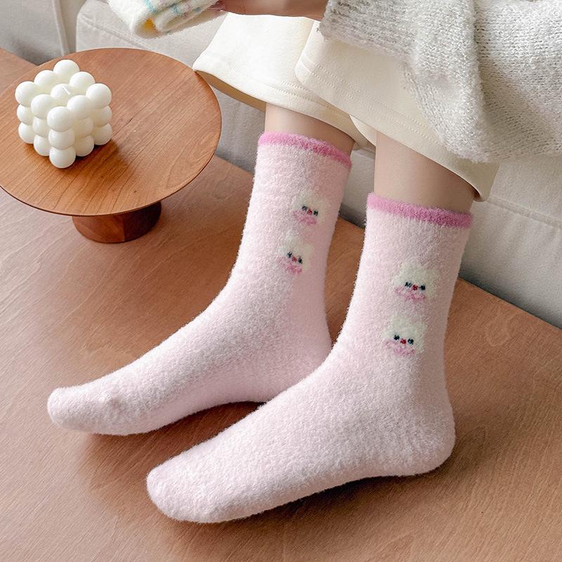 Australian Velvet Pink Fleece-Lined Women's Mid-Calf Cartoon Socks - Thick, Warm, and Fluffy Sleep & Floor Socks.