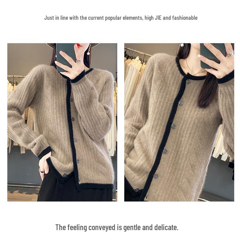 Women's 23-Color Block Round Neck Pure Wool Cardigan - Long Sleeve Knit Sweater