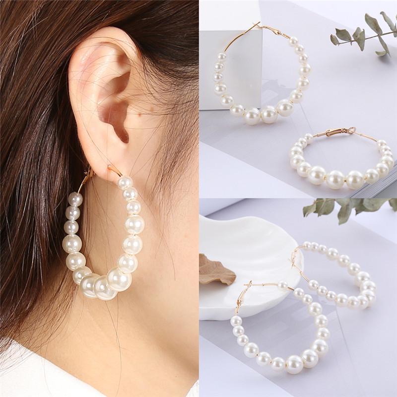 Vintage Exaggerated Graduated Pearl Circle Earrings Hoop Earrings for Women Girl Jewelry