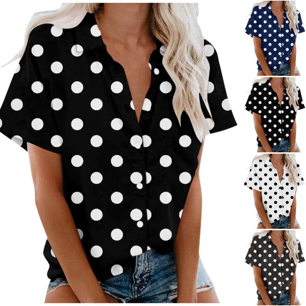Damemote Uformelt kortermet polka prikker Print Buttons Lapel Shirt Top Bluse