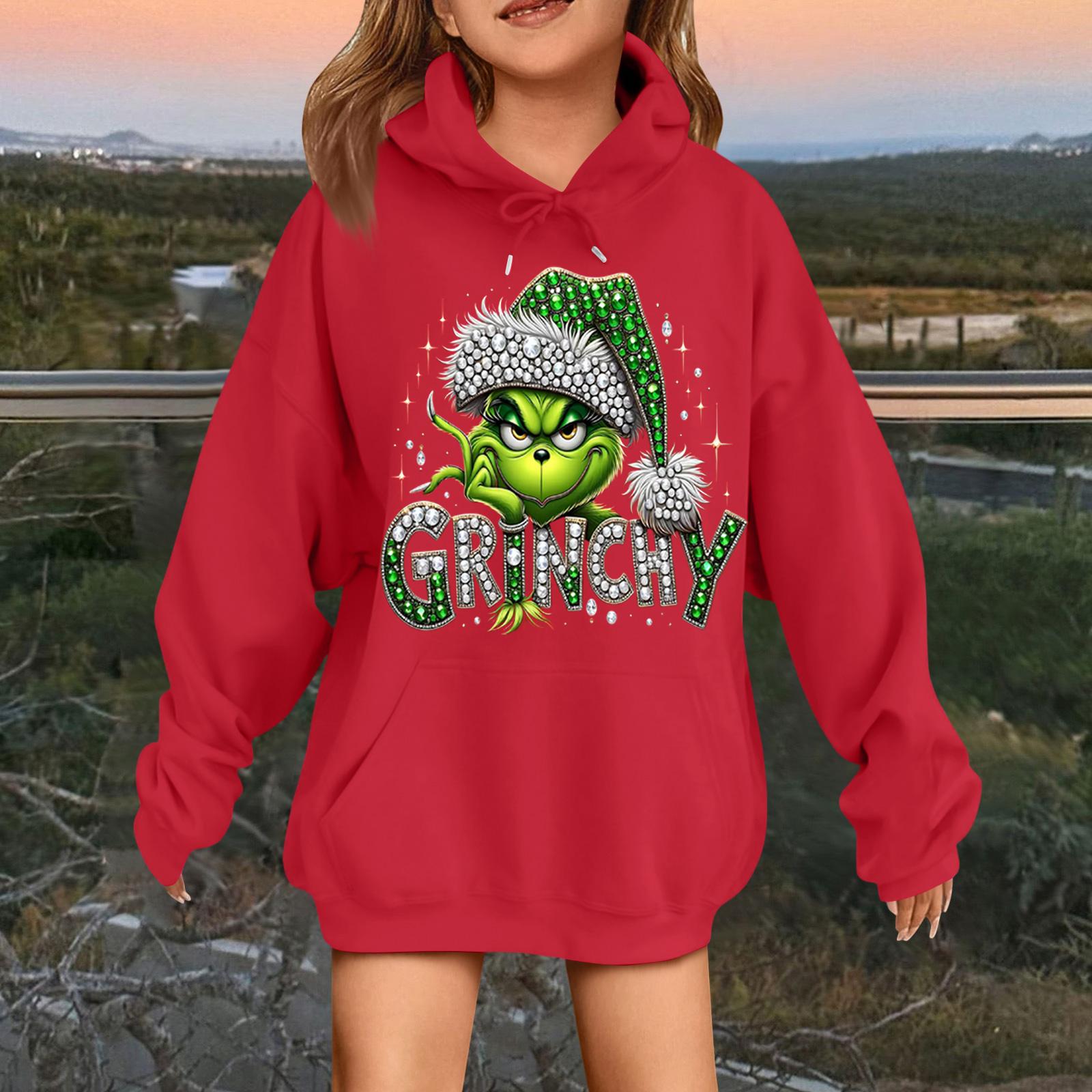 Детская модная повседневная толстовка с капюшоном свободного кроя с длинными рукавами и рождественским принтом 130 красный