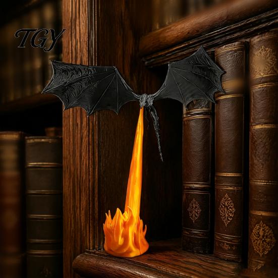 Fantasy Book Nook Dragon Bookshelf Light, 3D Printed Fire-Breathing Flying Dragon, Shelf Accent Lamp Reading Corner Lighting with LED Flame