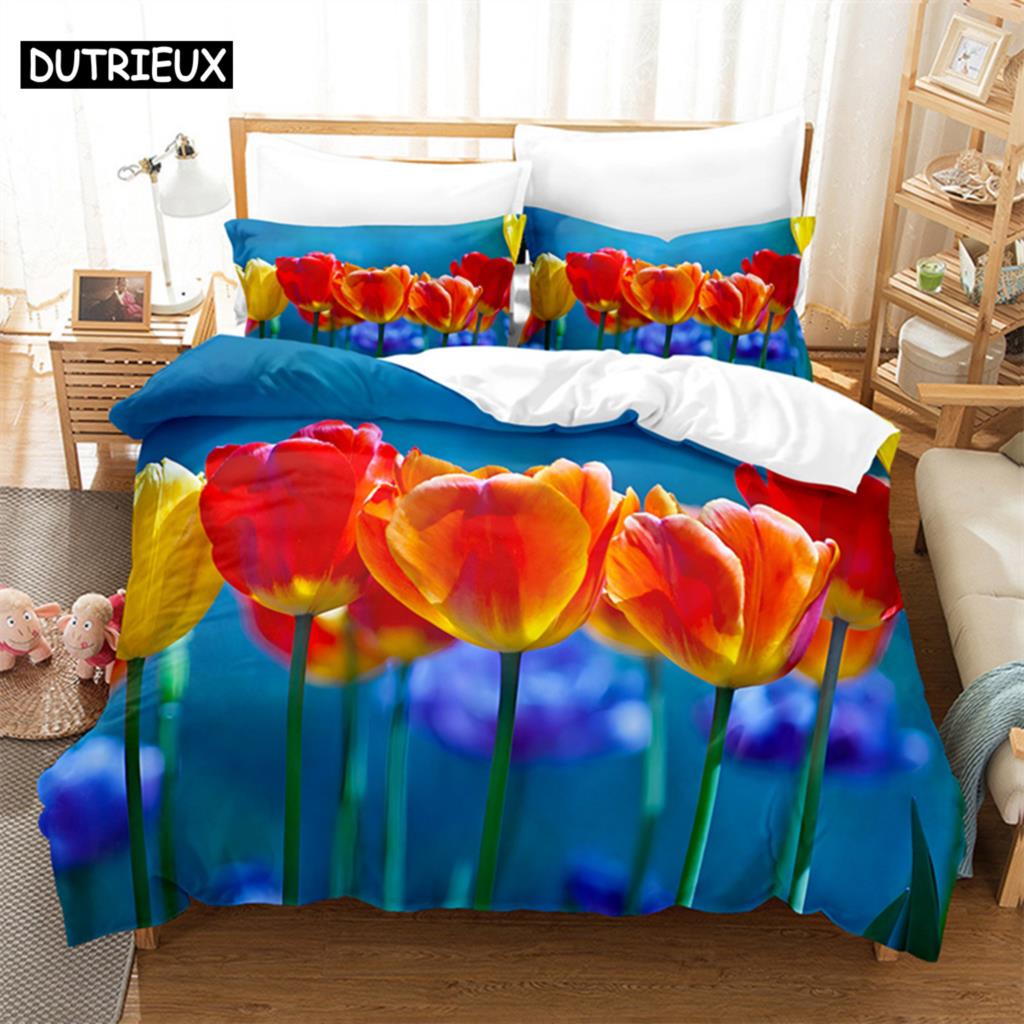 Butterfly Tulip Queen Bedding Set Duvet Cover Kids Bedroom Bed Set Comforter Cover Set King Size Duvet Cover Set Bedding Sets