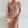 Elegant Sweet Floral Print Dress For Women Summer Dresses Strapless Short Puff Sleeve Slim Hem Slit Maxi Dress