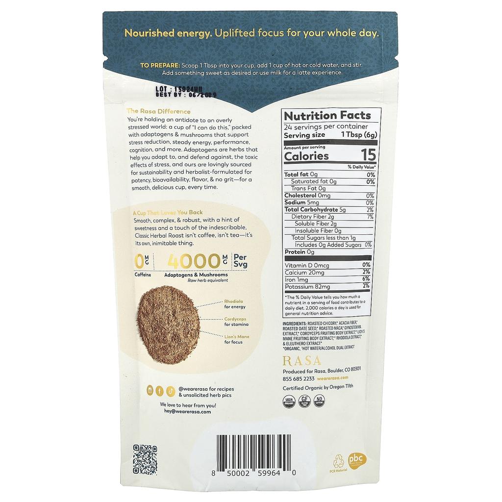 Rasa, Adaptogen and Mushroom Coffee, Instant, Classic Herb Roast, 5 Oz (144 G)