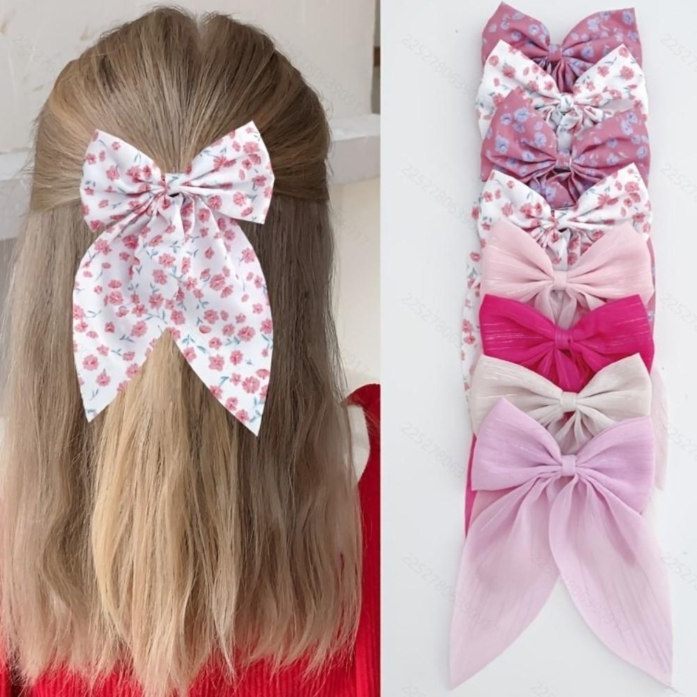 8Pcs Ribbon Tail Floral Print Bow Hair Clips Fabric Ribbon Spring Clips Daily Wear