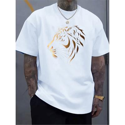 European Sizes Mens T Shirt White Breathable  Golden Tiger Head Graphic Print For Casual Daily Wear Street Style Parties