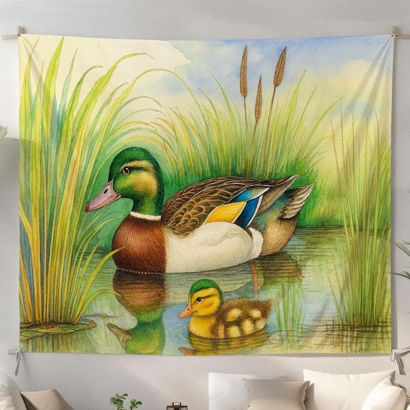 Wild Duck Family Tapestry, Realistic Mallard & Duckling Wall Hanging, Nature Pond Decor for Bedroom Living Room
