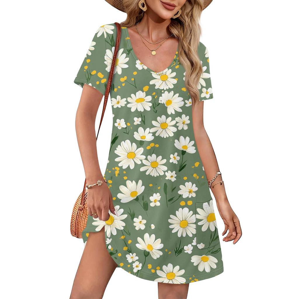 Summer Dresses For Women Loose V Neck Short Sleeve Casual T Shirt Dress Sundresses Swimsuit Coverup With Pockets