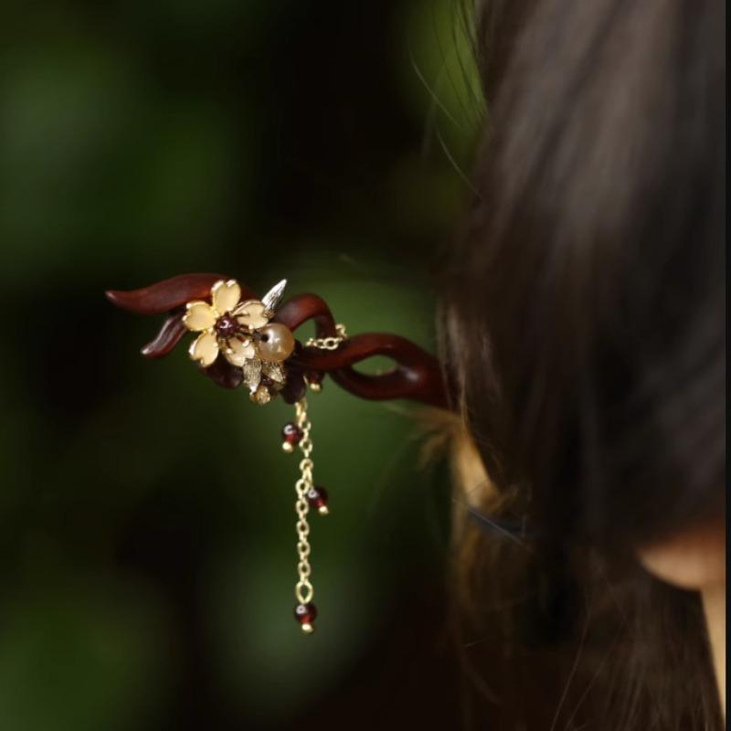 GEMCHIC Women's Vintage Chinese Style Red Sandalwood Hairpin with Cloisonné Flower and Tassel, Elegant Hanfu & Cheongsam Bun Accessory