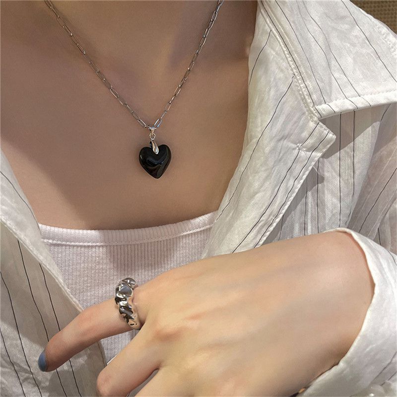 Black Zebra-Stripe Glass Heart Pendant 