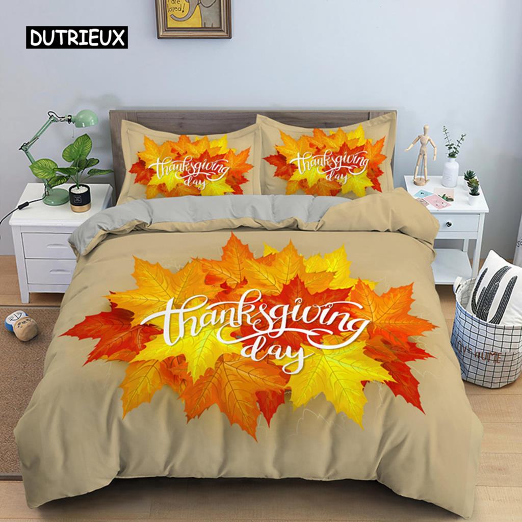 Autumn Thanksgiving Day Duvet Cover King Queen Cartoon Orange Pumpkin Turkey Bedding Set Maple Leaves Soft Polyester Quilt Cover