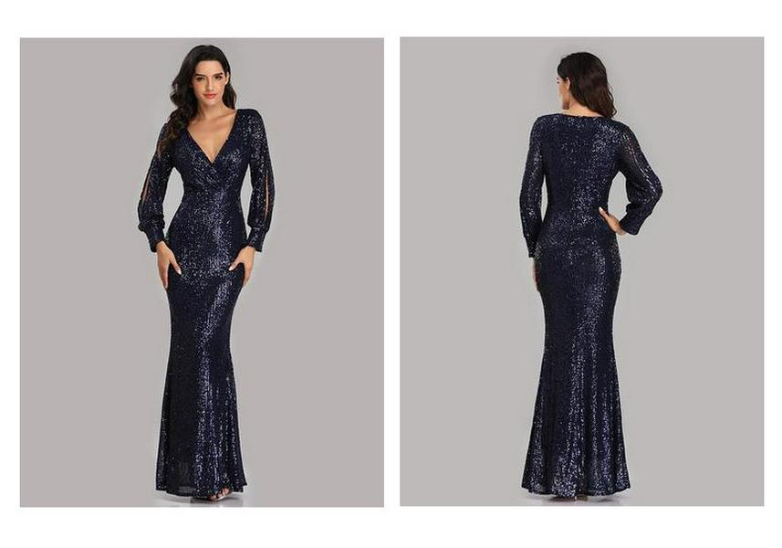Übergröße V-Ausschnitt Pailletten Meerjungfrau Abendkleid - Mehrfarbig Langarm für Frühling & Herbst