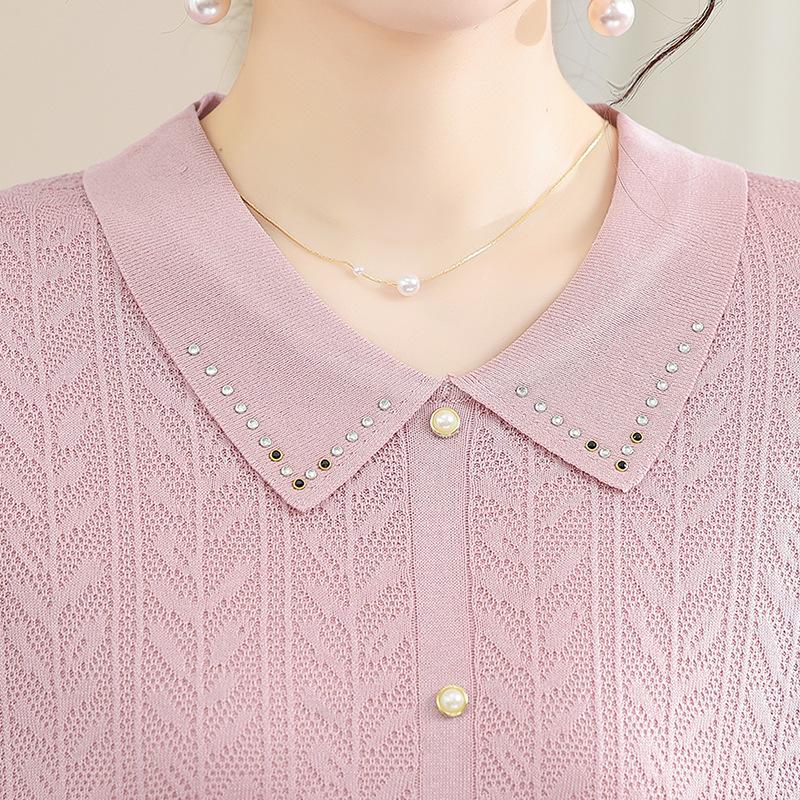 Summer 2025 Ice Silk Knit Doll Collar Cardigan - Women's Short Sleeve Top for Middle-Aged & Elderly