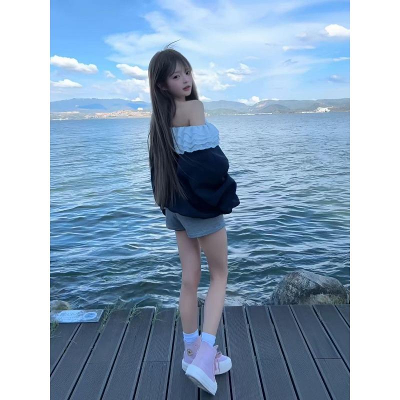 

Корейская женская толстовка из лоскутного кружева на осень-зиму, топ с открытыми плечами S темно-синий