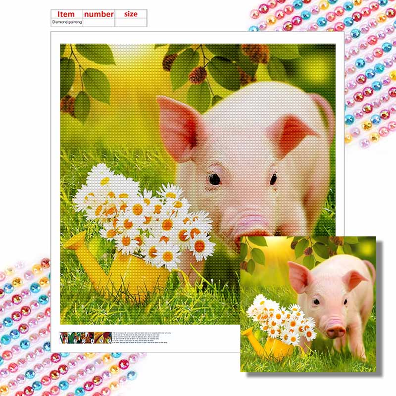 New Arrival 5D DIY Full Circle Diamond Painting "Piggy In the Flowers" Embroidery Cross Stitch Home Decor Gift