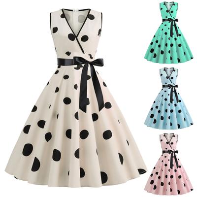 Women's Summer Retro Sexy V-neck Sleeveless Polka Dot Print Black Ribbon Waist Large Swing Dress