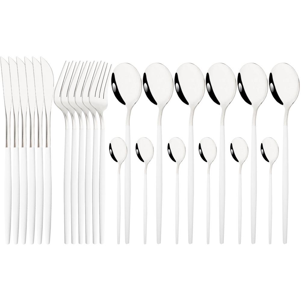 24Pcs Cutlery Stainless Steel Tableware Mirror White Gold Dinnerware Set Western Knife Fork Spoon Flatware Kitchen Silverware