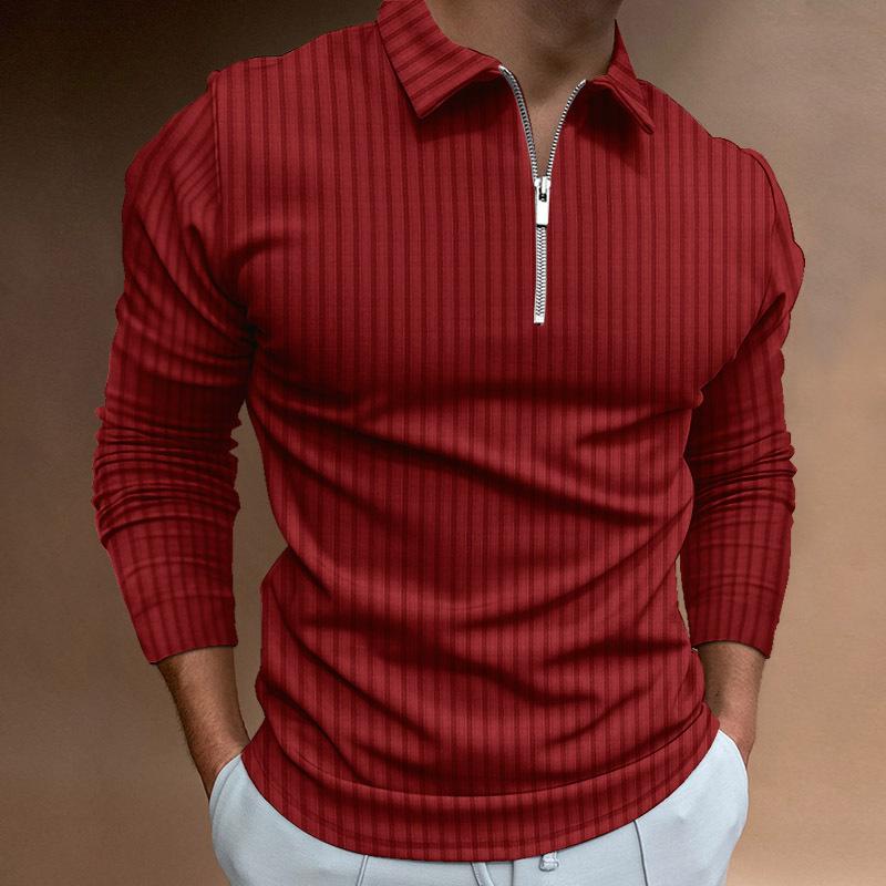 Camisa POLO Masculina de Outono Estampada Cor Sólida Listrada com Zíper