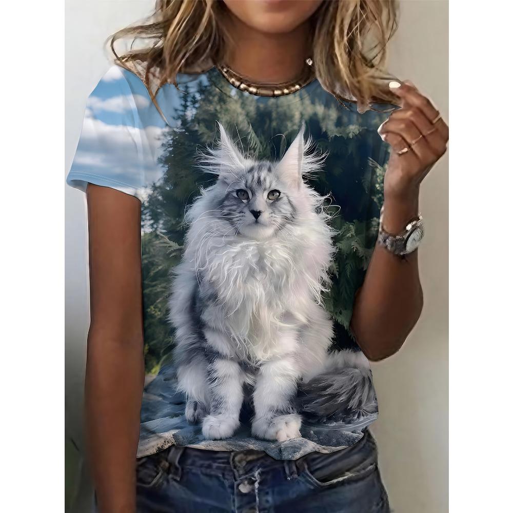 Summer Fashionable Comfortable T-shirt Women's Cute Anima 3D Printed Short Sleeved Round Neck Loose Oversized Soft Slightly Elastic T-shirt