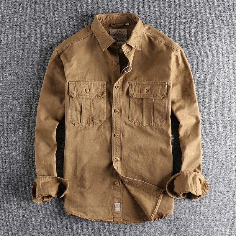 Camisas de hombre Moda Lavado Estilo N Uniforme Camisa de manga larga Bolsillos dobles para hombre Chaqueta informal juvenil Abrigo fino