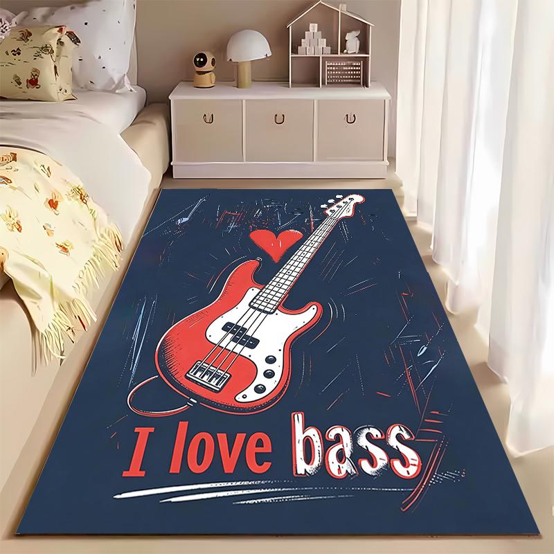"I Love Bass Guitar Pattern Carpet with Red Guitar On Dark Background" Suitable for Use As an Anti-slip for Living Room Bedroom Sofas