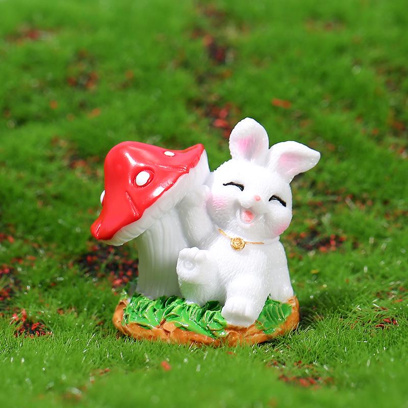 Whimsical White Rabbit Mushroom Succulent Decor - Cute Cartoon Animal Resin Ornament