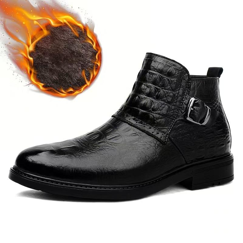 Fashion Fashion Crocodile Patterned Genuine Leather Mens Boots Luxury Brand Winter Fleece Warm Chelsea Boots High-quality Handmade Boots
